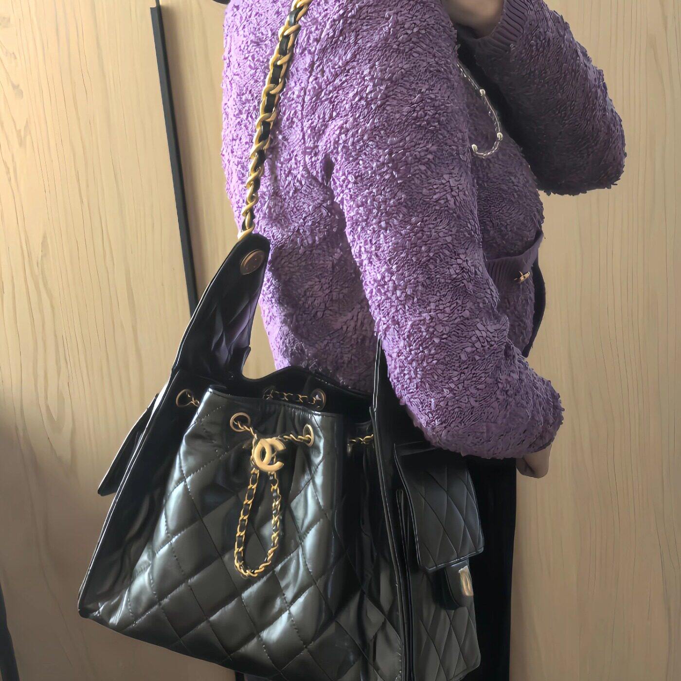 天花板混背 小香风25B 油蜡牛皮25bag拼色链条抽绳hobo单肩包1213