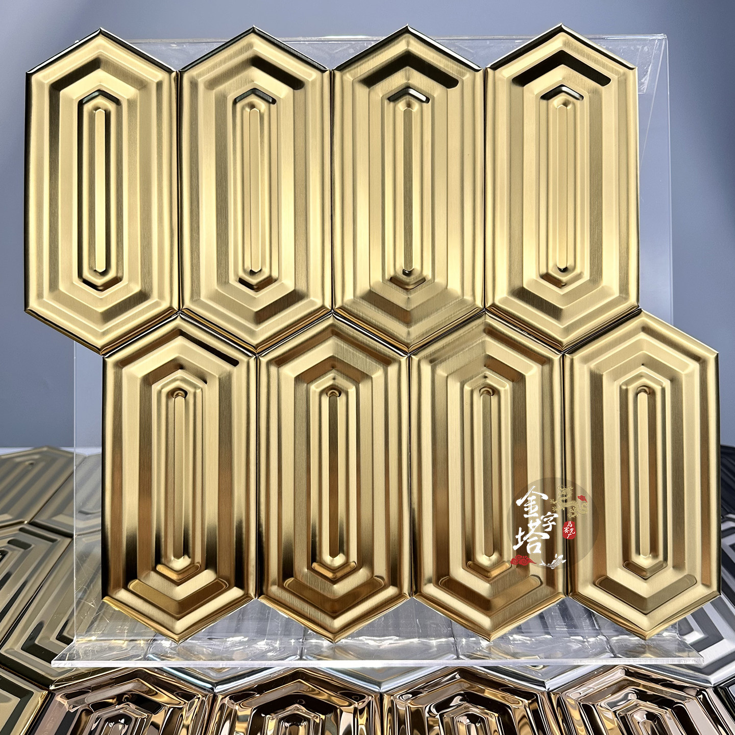 立体六角金属不锈钢马赛克瓷砖条纹菱形吧台酒店会所餐厅背景墙