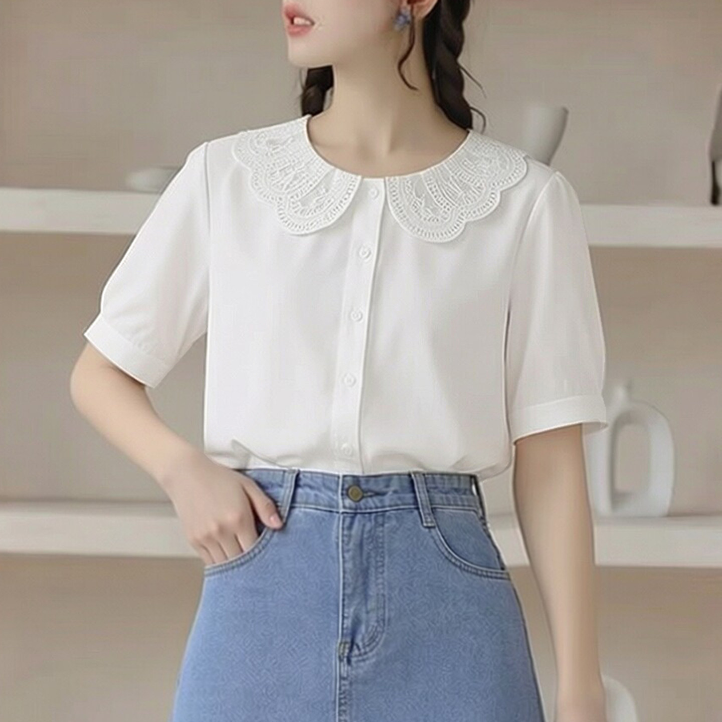 娃娃领短袖衬衫女夏季雪纺上衣图片