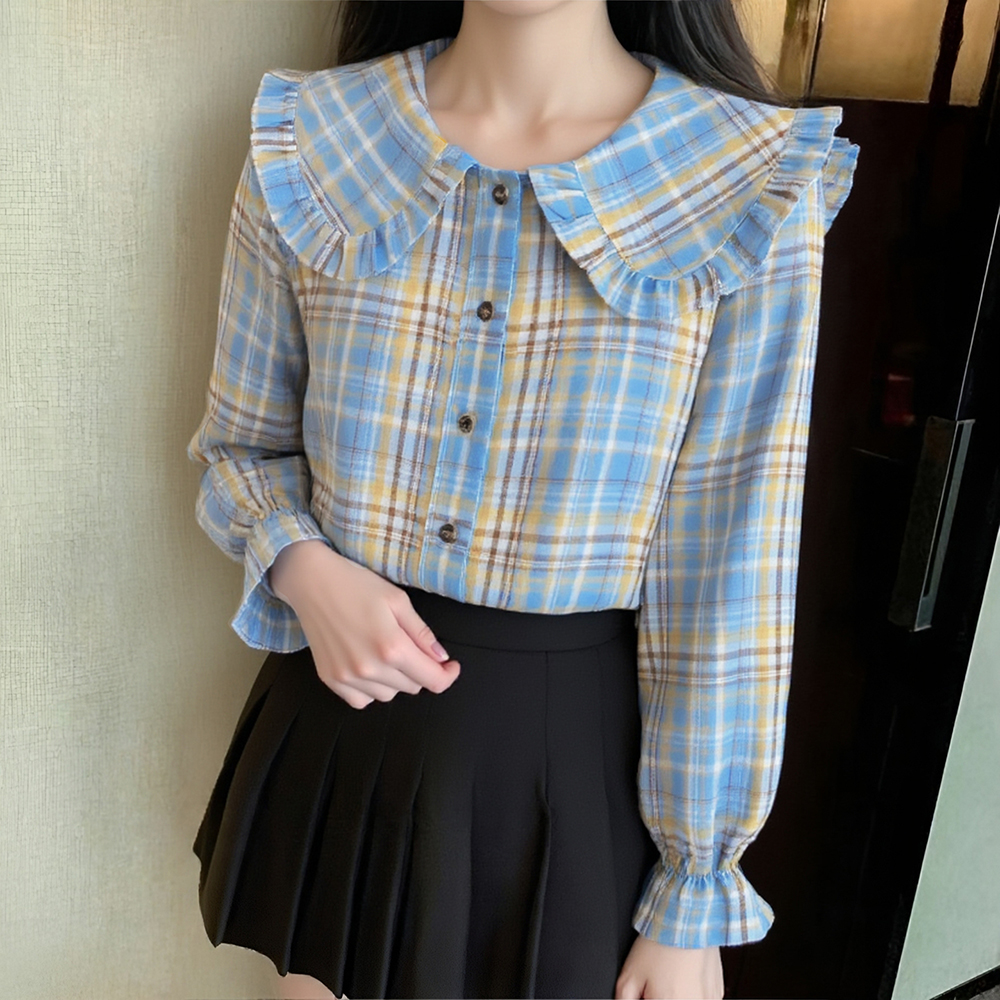 娃娃领复古格子衬衫女长袖春秋新款洋气港风法式上衣宽松衬衣外套