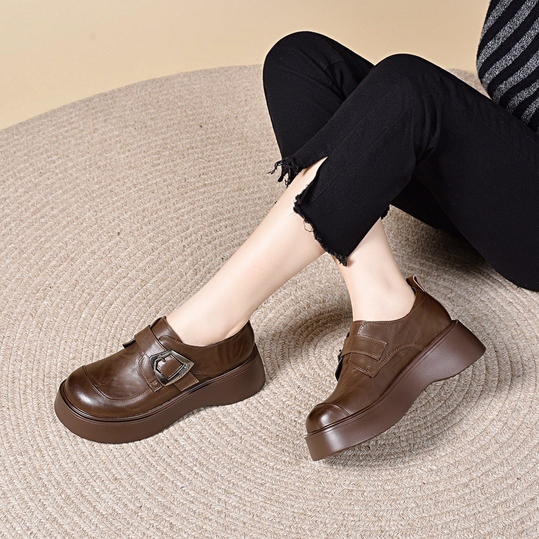 鞋子女英伦增高真皮魔术贴乐福鞋2026春季新款厚底棕色女鞋小皮鞋,女鞋,深口单鞋,淘宝优惠券,粉丝福利购,淘宝优惠卷