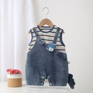 牛仔背带裤套装男女宝宝夏季条纹两件套洋气卡通外出爬服新款洋气