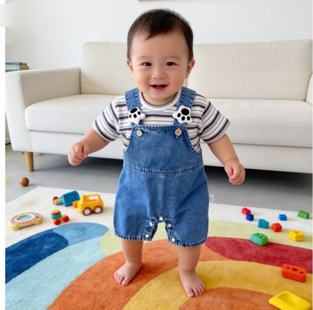 0-3岁婴儿牛仔背带裤套装男女宝宝条纹上衣连体衣夏休闲装爬服卡