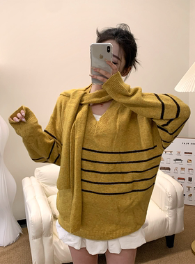 babe soulis 2025新款韩系V领条纹毛衣女宽松显瘦针织衫上衣女