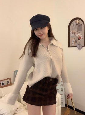 babe soulis 韩系翻领设计感毛衣宽松显瘦拉链毛袖针织开衫上衣女