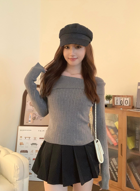 babe soulis 韩系翻领斜肩长袖坑条薄针织衫修身美系显瘦打底衫女