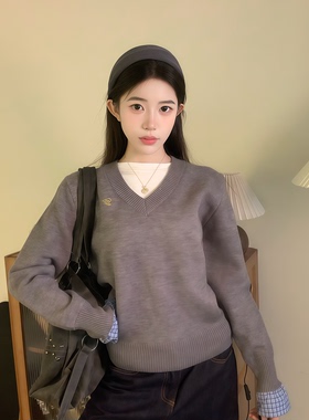 babe soulis秋冬韩系v领刺绣薄毛衣宽松显瘦假两件格纹袖口上衣女