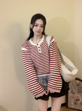 babe soulis 2025新款美式复古条纹针织衫女宽松显瘦长袖上衣女