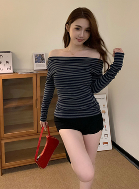 babe soulis美式条纹一字肩斜领露肩长袖T恤女装秋上衣女2025新款