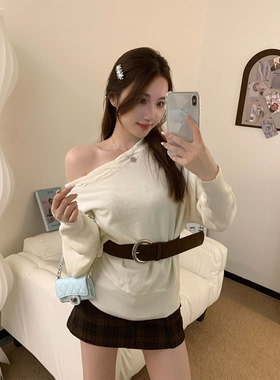 babe soulis 2025新款韩系一字肩长袖针织衫女宽松显瘦毛衣上衣女