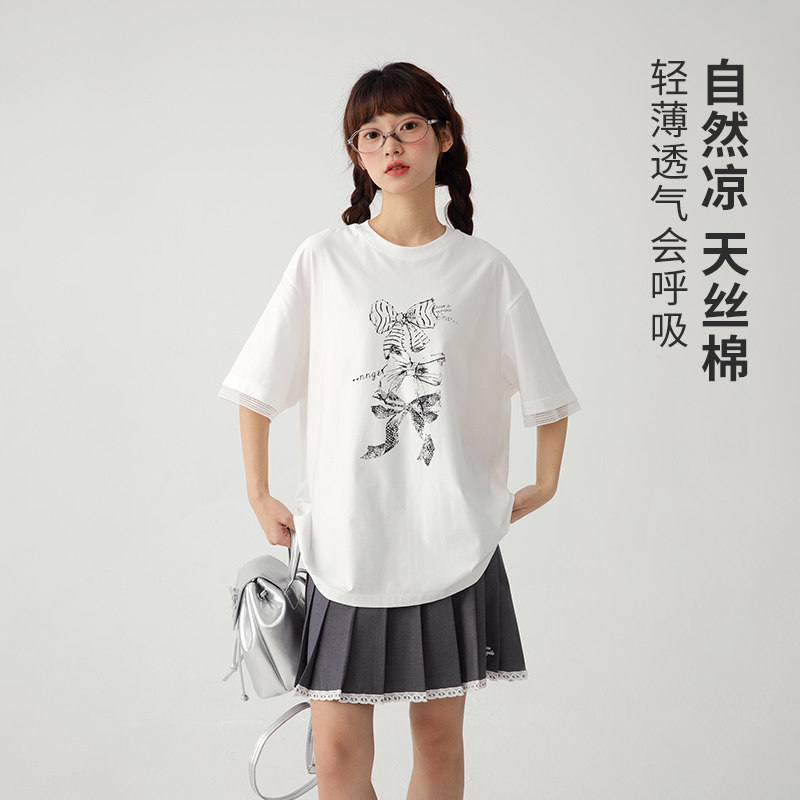 诺诺公主S1N初中生短袖T恤女夏蝴蝶结天丝棉透气圆领蕾丝花边上衣