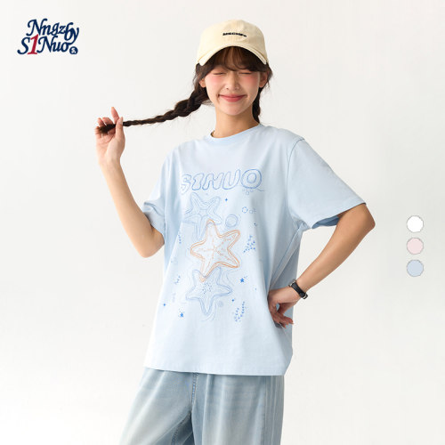 诺诺公主S1N初中生夏新款印花短袖T恤女青少年学院风甜美宽松上衣