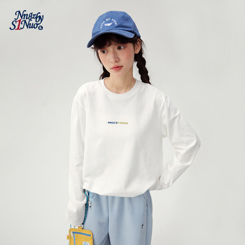 诺诺公主S1N初中生长袖白T恤女2026秋季彩色微宽松纯色青少年上衣