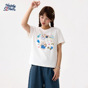 诺诺公主S1N初中生修身正肩短袖T恤女2026夏季元气学院风印花上衣