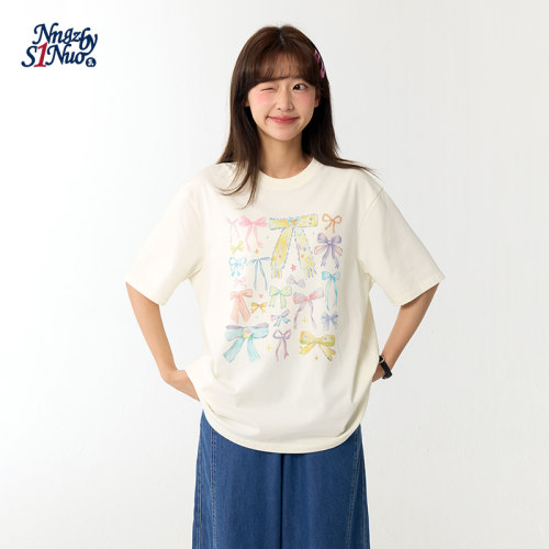 诺诺公主S1N初中生2026夏新款蝴蝶结印花T恤女青少年甜美宽松上衣