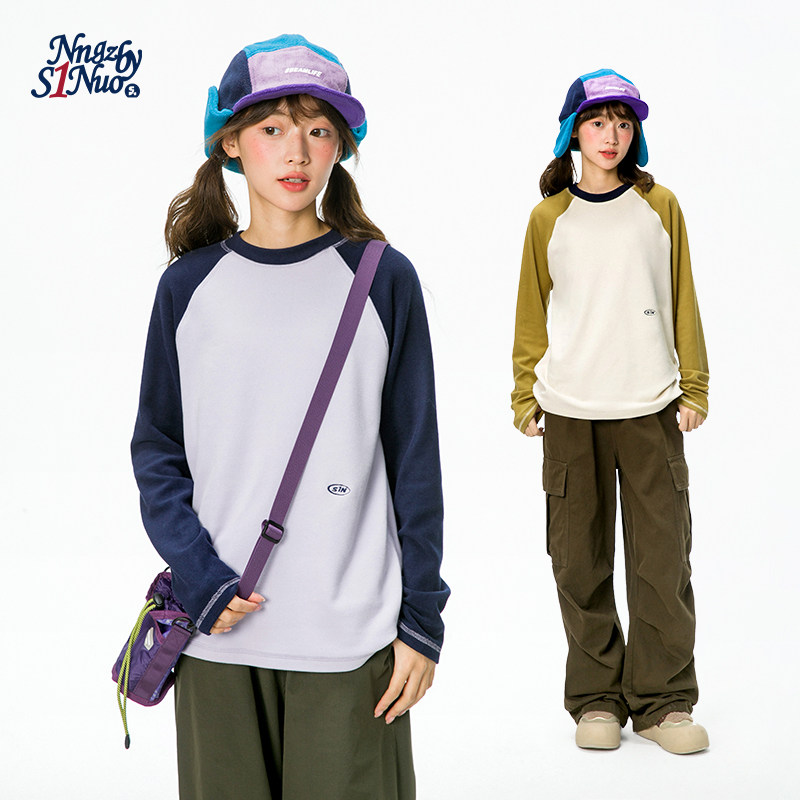 诺诺公主S1N初中生山系户外拼色打底衫女春圆领套头设计感长袖T恤