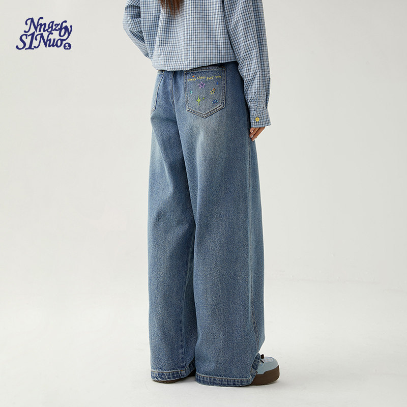 诺诺公主S1N刺绣牛仔裤女装春季新款设计感直筒显瘦休闲阔腿裤子