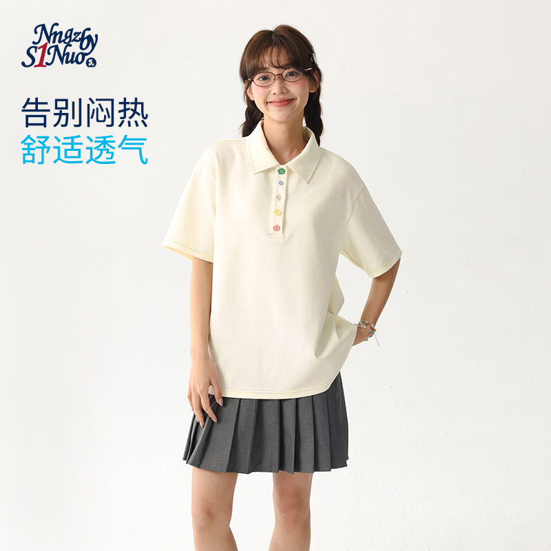 诺诺公主S1N初中生夏季新款POLO短袖T恤女青少年学院风设计感上衣图片
