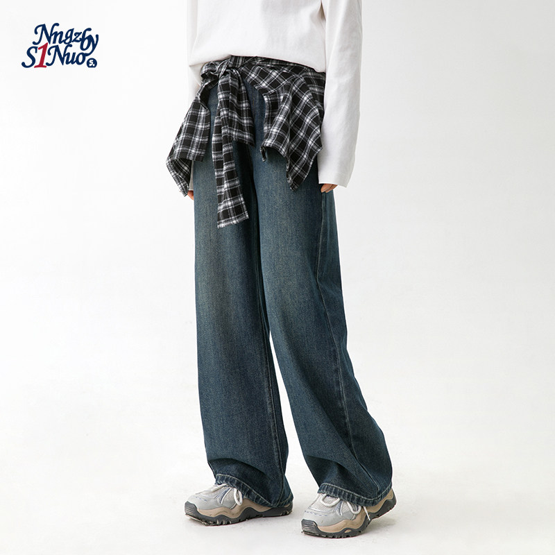 诺诺公主S1N初中生叠穿牛仔裤女2026春秋加绒韩版百搭直筒阔腿裤