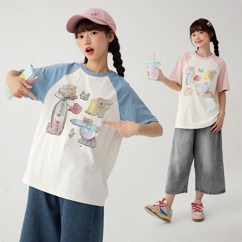 诺诺公主S1N初中生夏趣味卡通圆领插肩袖t恤潮透气宽松运动短袖女