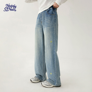 学生直筒阔腿裤 2026新款 女春季 诺诺公主S1N初中生爱心刺绣牛仔裤