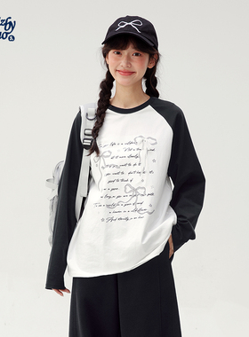 诺诺公主S1N初中生撞色长袖T恤2026春季新款字母印花学生宽松上衣