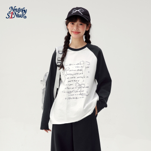 字母印花学生宽松上衣 新款 诺诺公主S1N初中生撞色长袖 T恤2026春季