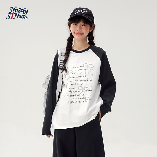 诺诺公主S1N初中生撞色长袖T恤2026春季新款字母印花学生宽松上衣