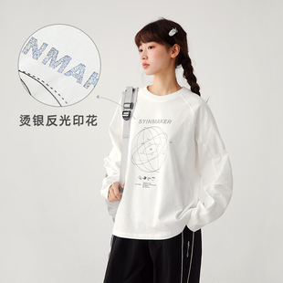诺诺公主S1N初中生白色t恤女秋潮牌反光字母套头宽松休闲元 气学院