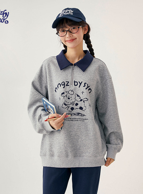 诺诺公主S1N初中生韩系学院撞色polo领卫衣女春季新款青少年上衣