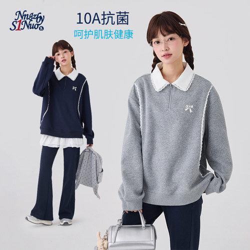 诺诺公主S1N初中生2026秋季花边polo卫衣女青少年半拉链无帽上衣