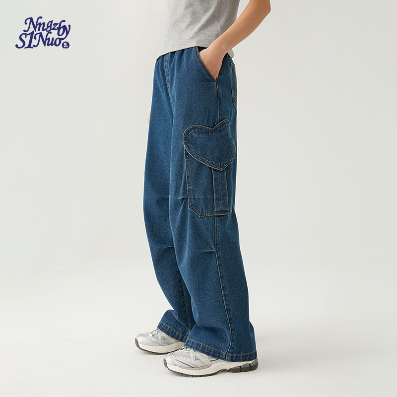 诺诺公主S1N初中生大爱心工装牛仔裤甜酷潮工装牛仔伞裤青少年春