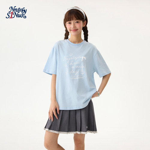 诺诺公主S1N初中生浅蓝色短袖T恤女2026夏字母蝴蝶结宽松休闲上衣