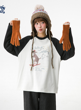 诺诺公主S1N初中生撞色卡通长袖T恤春女秋季韩系休闲插肩袖打底衫