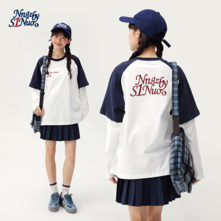 圆领上衣 大童学院美式 诺诺公主S1N初中生假两件长袖 T恤女2026春季