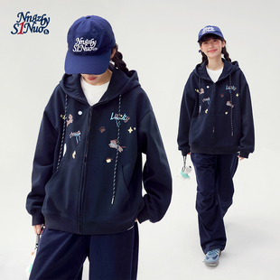 诺诺公主S1N初中生连帽卫衣外套2026春季 小狗刺绣藏青色上衣 新款