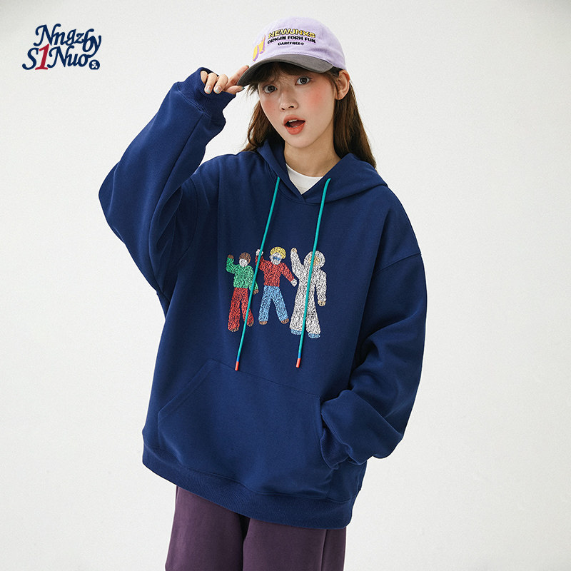 诺诺公主S1N初中生休闲秋运动上衣加绒学院风青少年连帽卫衣印花