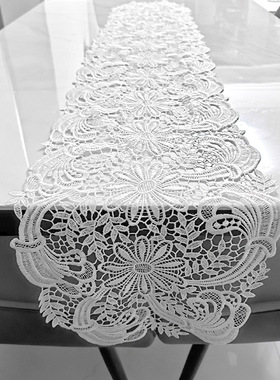 蕾丝镂空桌旗绣花桌布垫片白色唯美简约风圆形长条刺绣花卉装饰垫