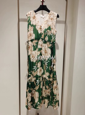 春夏款绿色真丝印花优雅V领收腰无袖连衣裙 EGKES4138A/B-4699