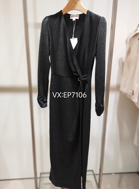 秋冬款灰色气质V领收腰针织连衣裙 EGJIW4619A-3299