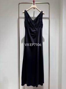 藏青色垂感缎面三醋酸拼接礼服连衣裙 3999 EGKPT4111A