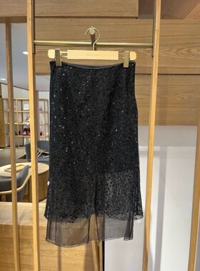 大雅家春夏款经典黑色亮片双层下摆直筒半身裙 HFKPA3529A-1999