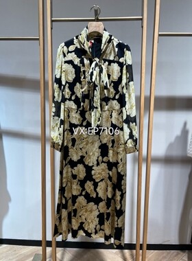 秋冬款高端系列黄色牡丹印花立领桑蚕丝连衣裙 EPJAS4624A-6699