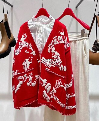 春夏款红色羊毛羊绒羽毛纱混纺提花针织开衫 EGJPG9101A-3999