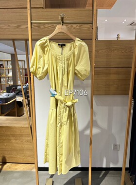 春夏款黄色显瘦方领泡泡袖本布腰带短袖连衣裙 HFLEC4650A-2999