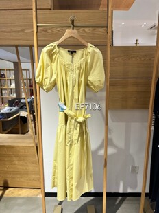 春夏款黄色显瘦方领泡泡袖本布腰带短袖连衣裙 HFLEC4650A-2999