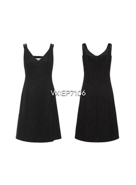 秋冬款黑色粗花呢肌理感V领小黑裙吊带连衣裙 EGIIA4205A-2399