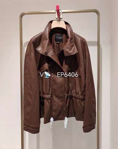 大雅家咖色老钱风立领可调节抽绳PU皮收腰短款风衣 HFLAP7120A