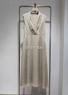 3299 EGKET4109A 黄色麻感三醋酸收腰V领无袖 连衣裙