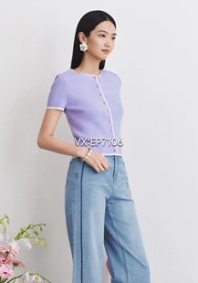 大雅家春夏款紫色经典圆领撞色短袖开衫毛衣 HFJEA9102A-1999